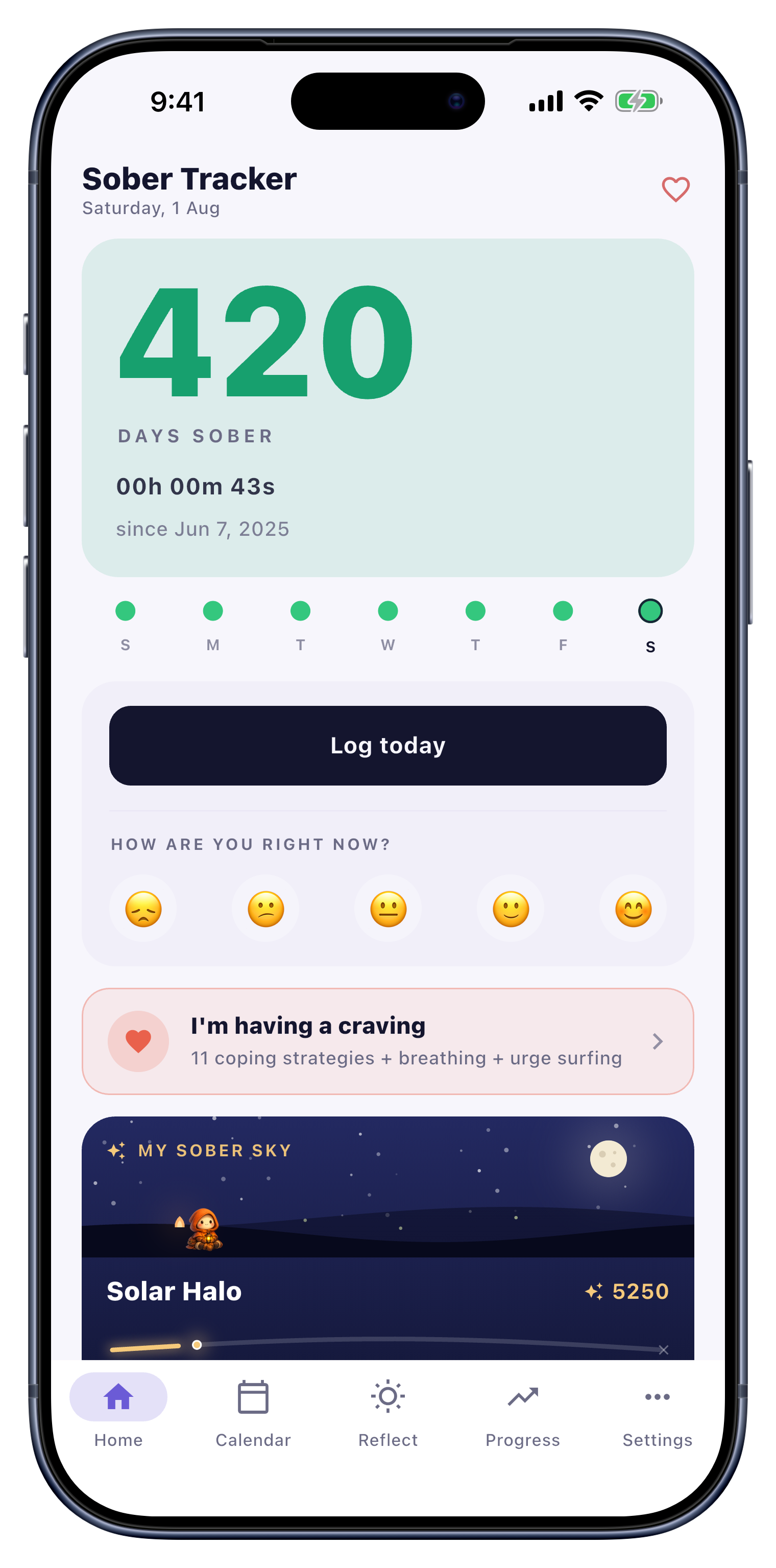 Home screen showing sober day counter and daily check-in