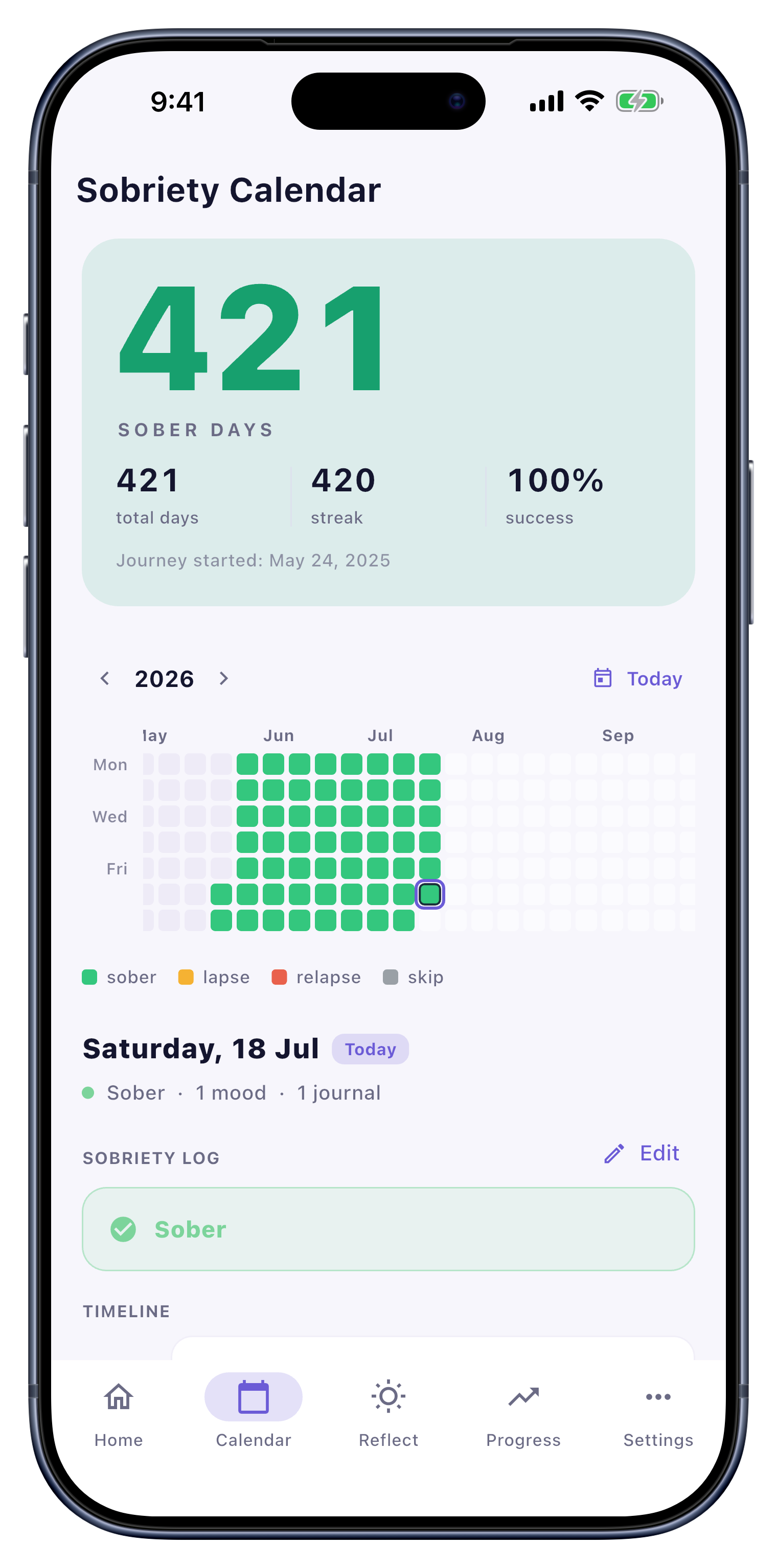 Calendar screen of Sober Tracker