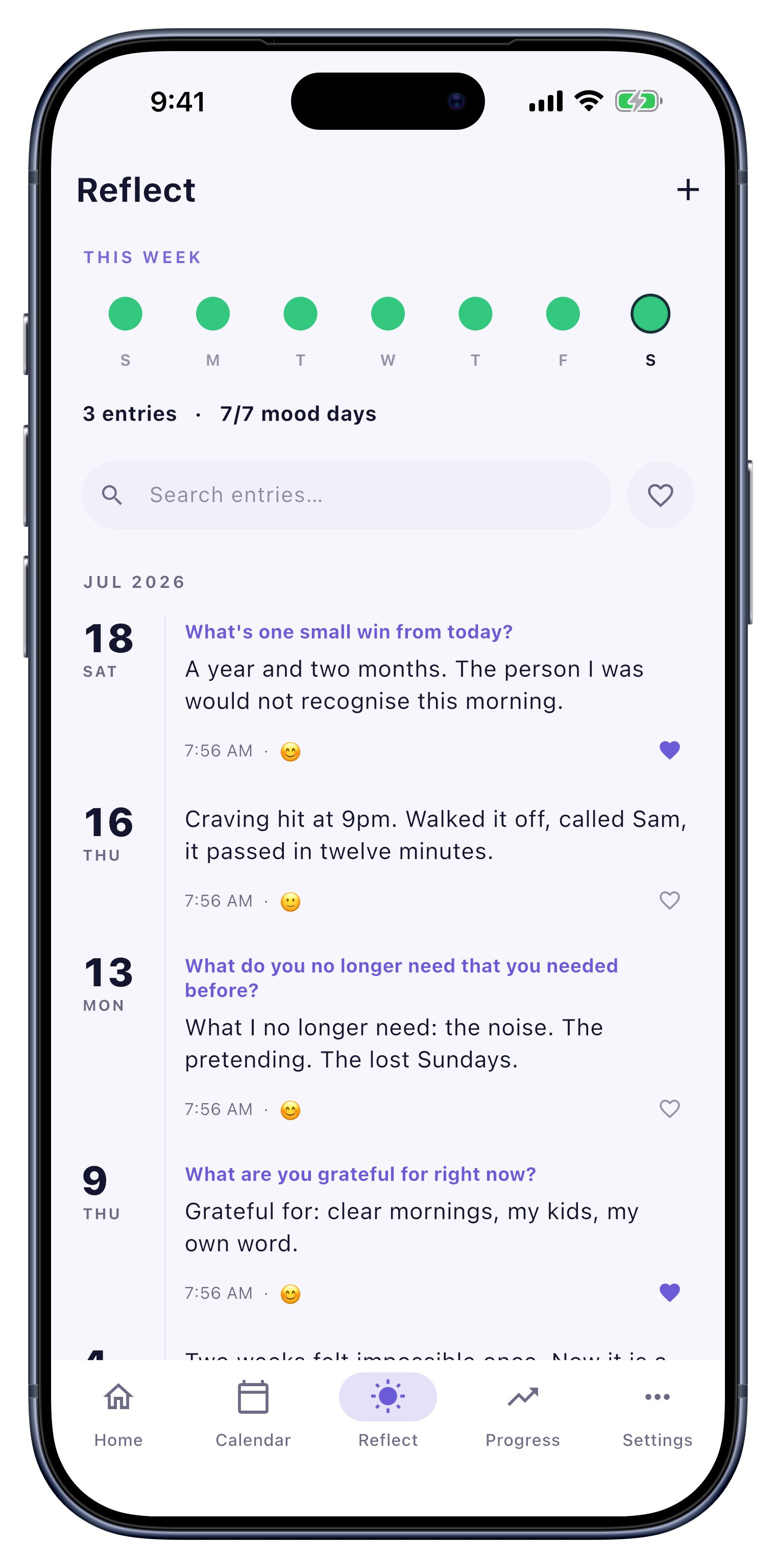 Reflect screen of Sober Tracker