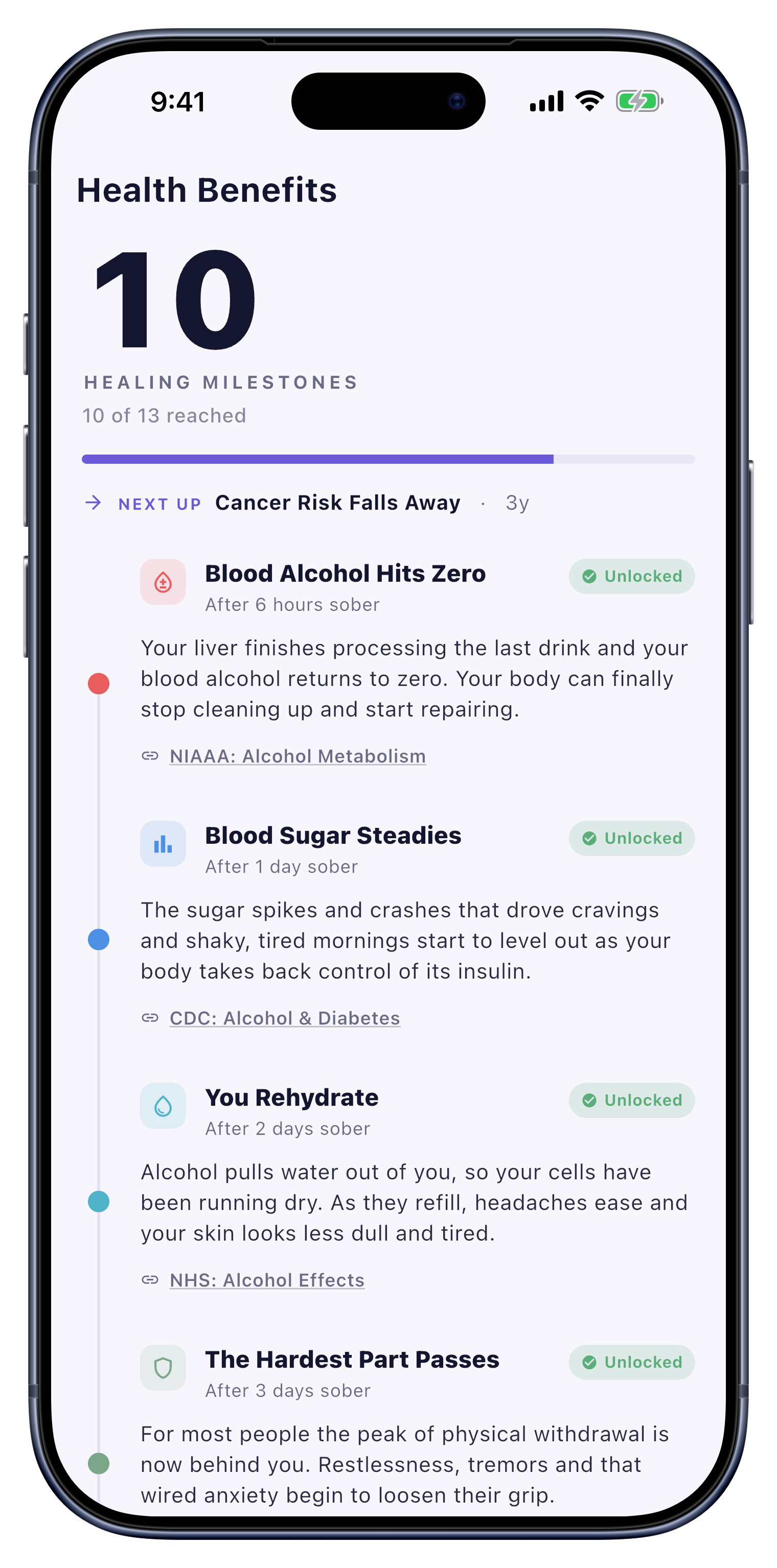 Health screen of Sober Tracker